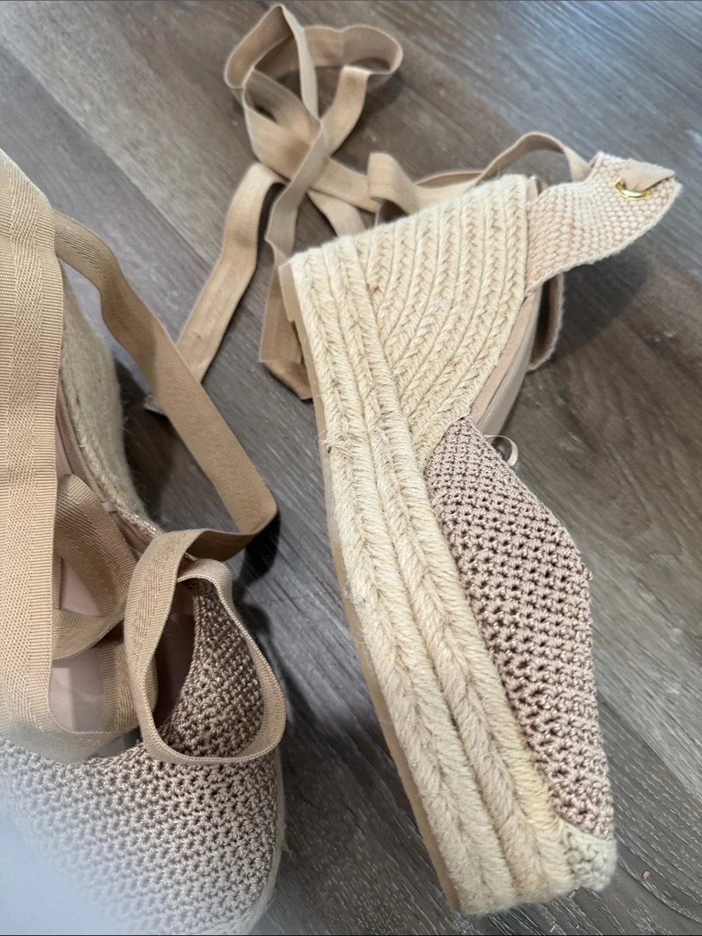 Zara Beige Crochet Tie-Ankle Espadrille Flats